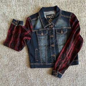 EUC - EXCELLENT Condition RUE21 Stretch Denim Jacket W/plaid Sleeves SIZE L